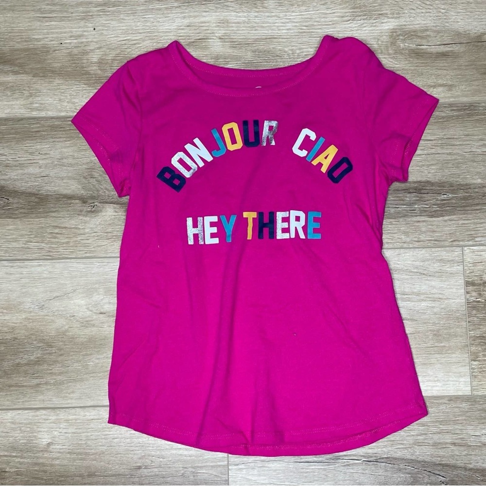 Wonder Nation Girl's Pink Multi Short Sleeve "Bonjour Ciao Hey There" Tee sz L